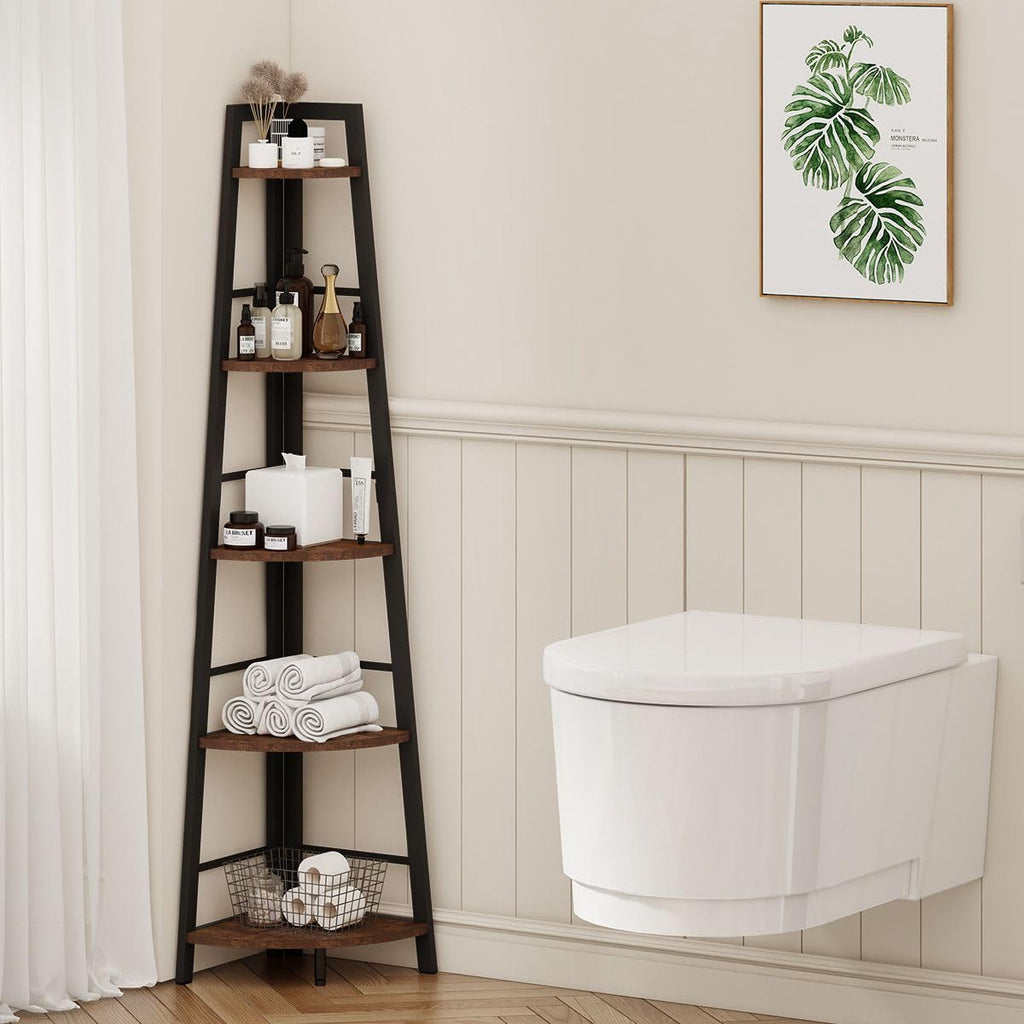 5-Tier Black Metal Wood Corner Bookshelf M677