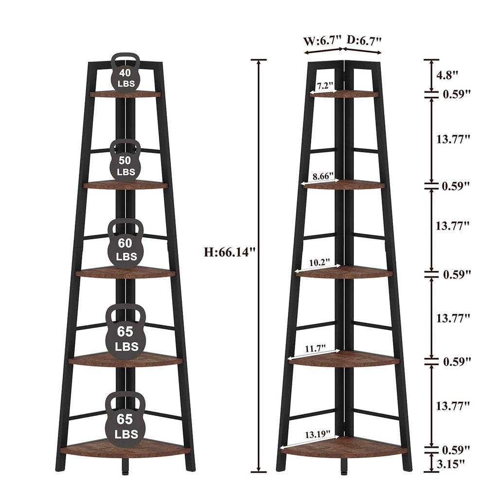 5-Tier Black Metal Wood Corner Bookshelf M677