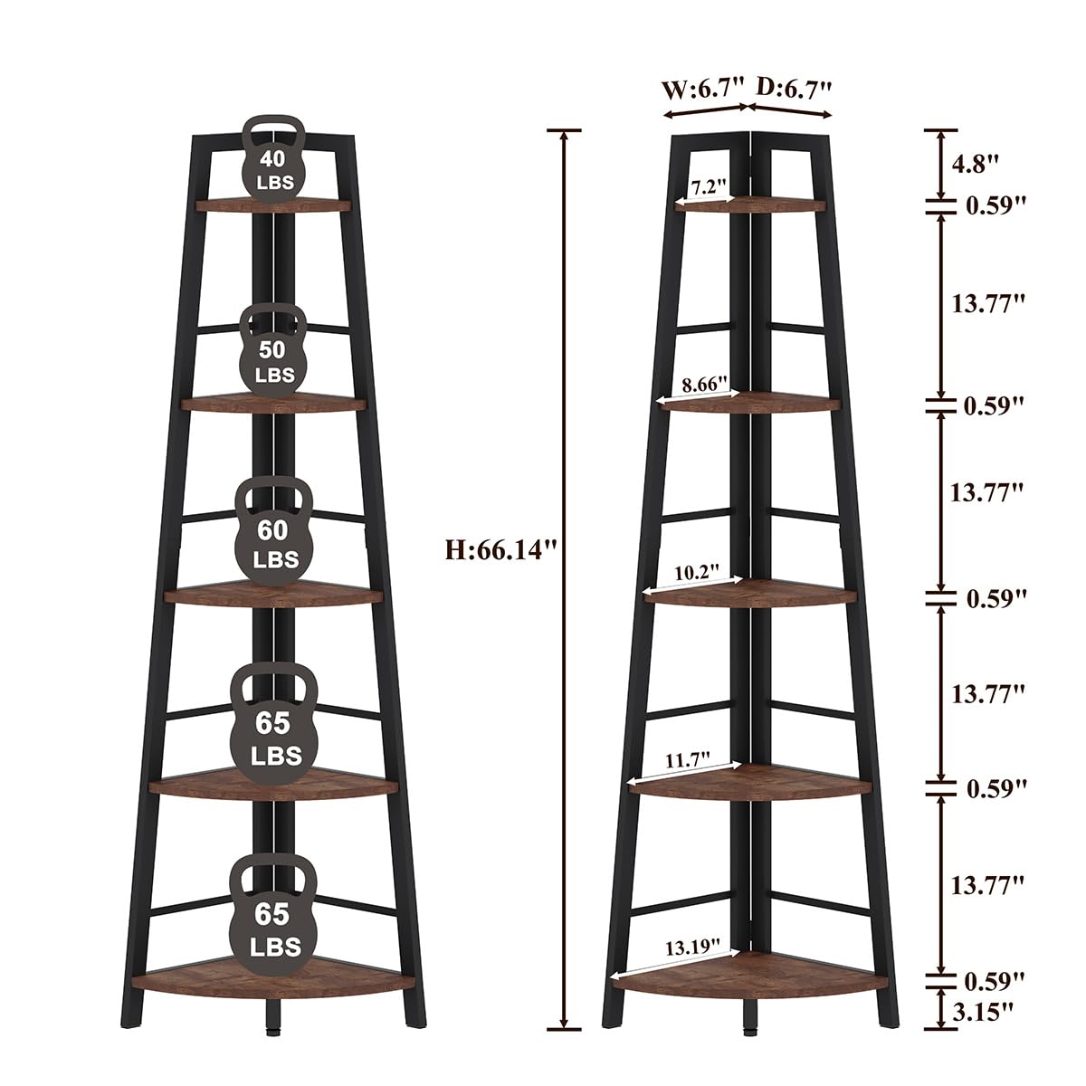5-Tier Black Metal Wood Corner Bookshelf M677