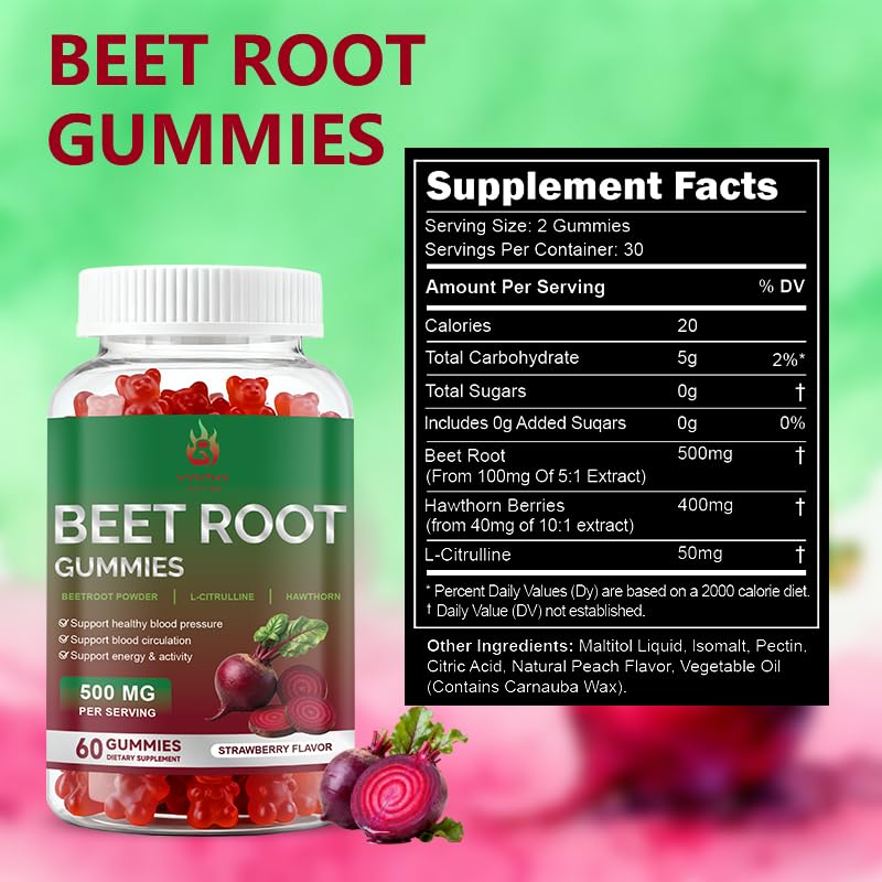 Beet Root Gummies 60 Chews Vegan Non-GMO Gluten Free Supplement D310