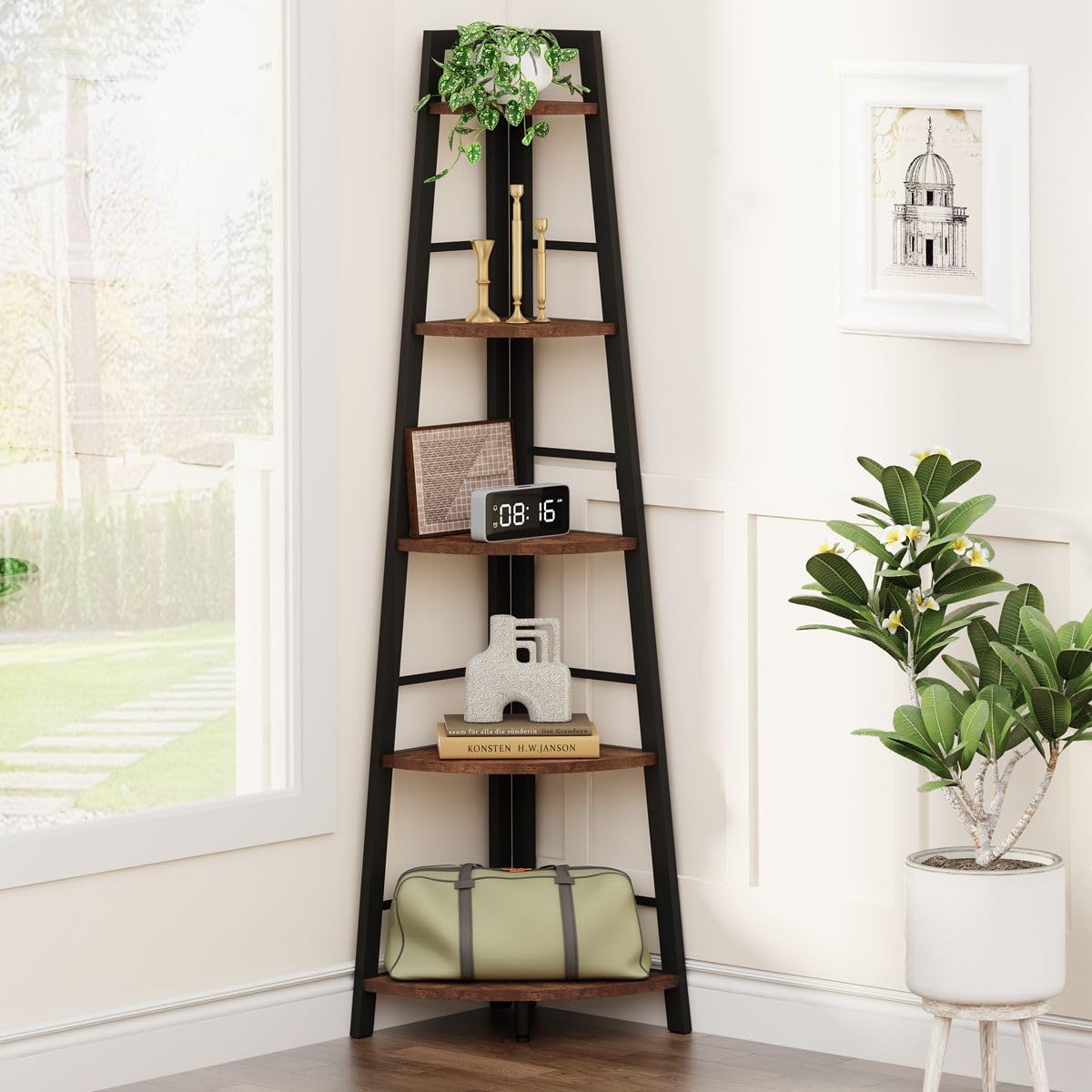 5-Tier Black Metal Wood Corner Bookshelf M677