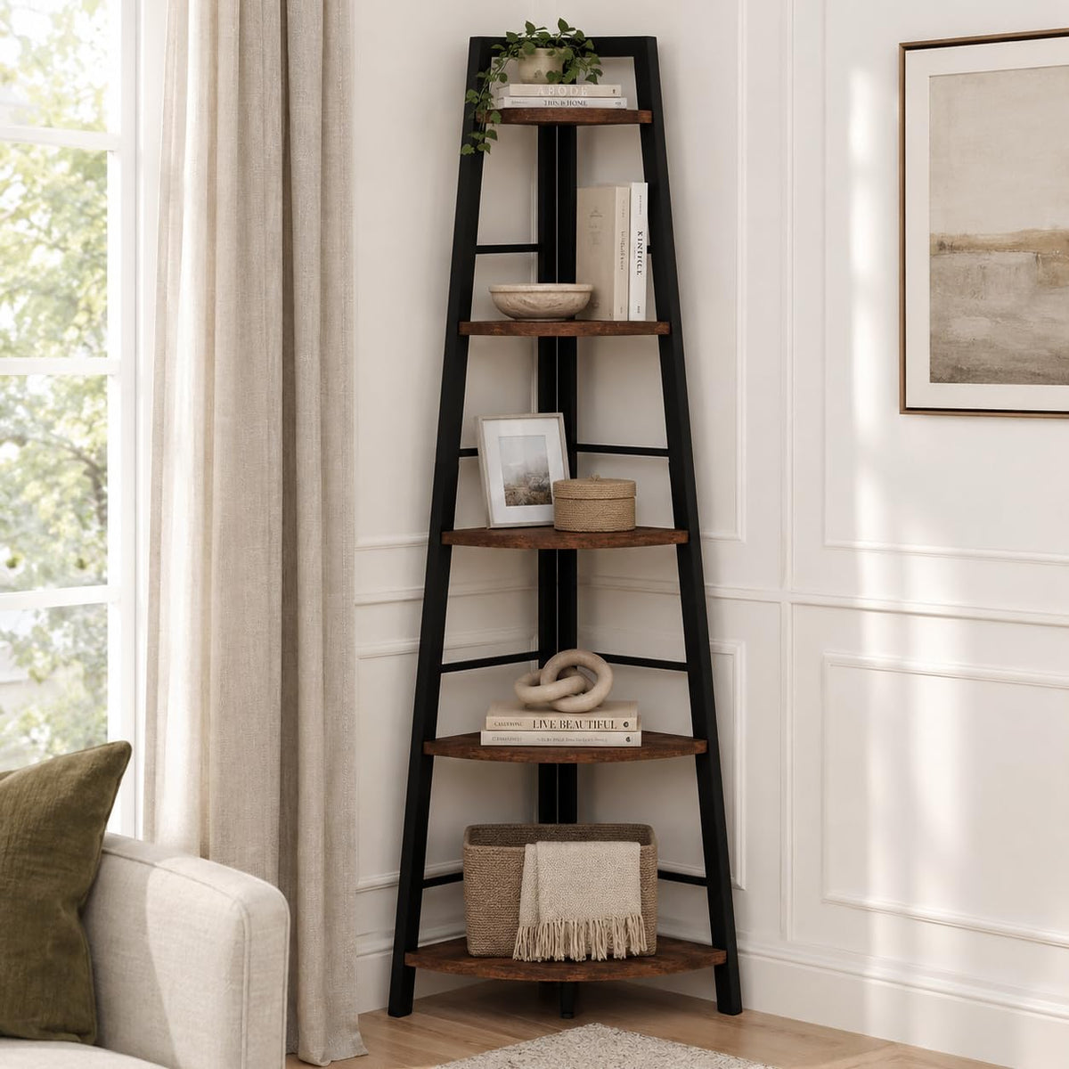 5-Tier Black Metal Wood Corner Bookshelf M677