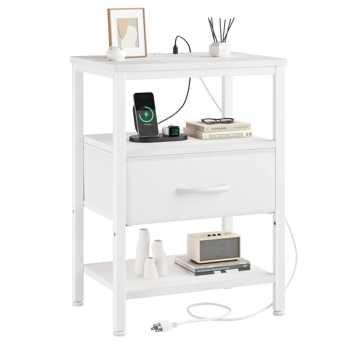 Nightstand with Charging Station, Fabric Drawers G242