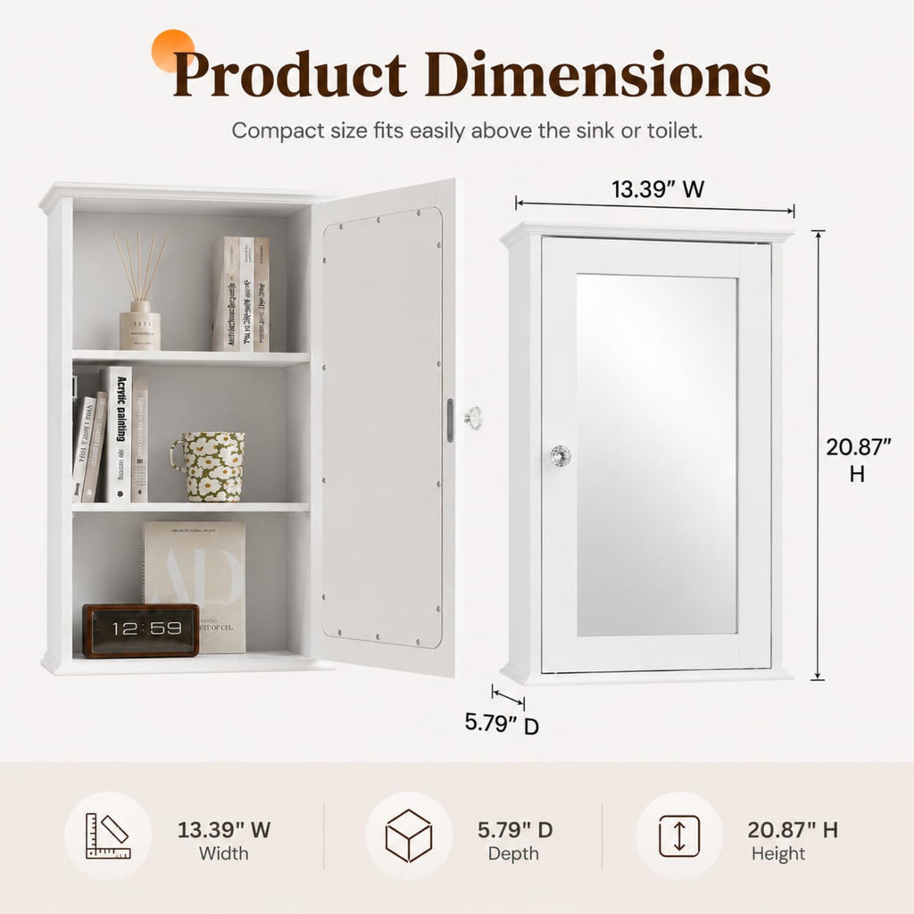 White Mirrored Medicine Cabinet with Single Door and 2 Adjustable Shelves L647
