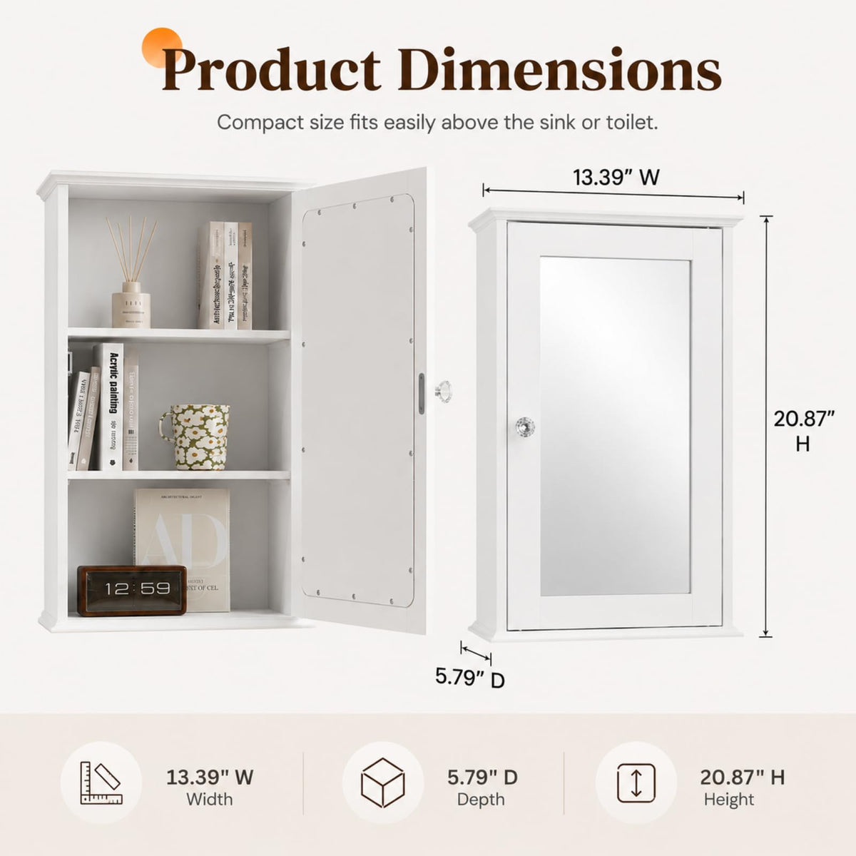 White Mirrored Medicine Cabinet with Single Door and 2 Adjustable Shelves L647