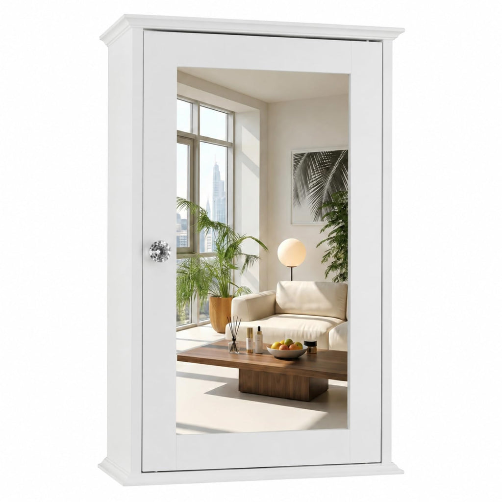 White Mirrored Medicine Cabinet with Single Door and 2 Adjustable Shelves L647