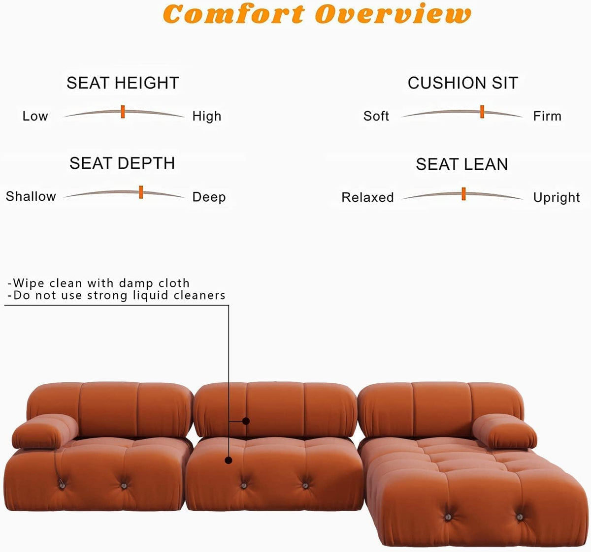 Orange Velvet L Shaped Sectional Sofa with Ottoman F975