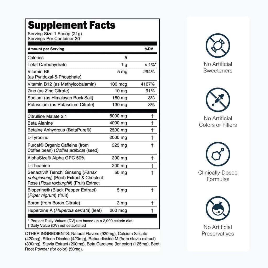 Sugar Free Pre Workout with Beta Alanine, Citrulline Malate & Caffeine, 30 Servings F5267