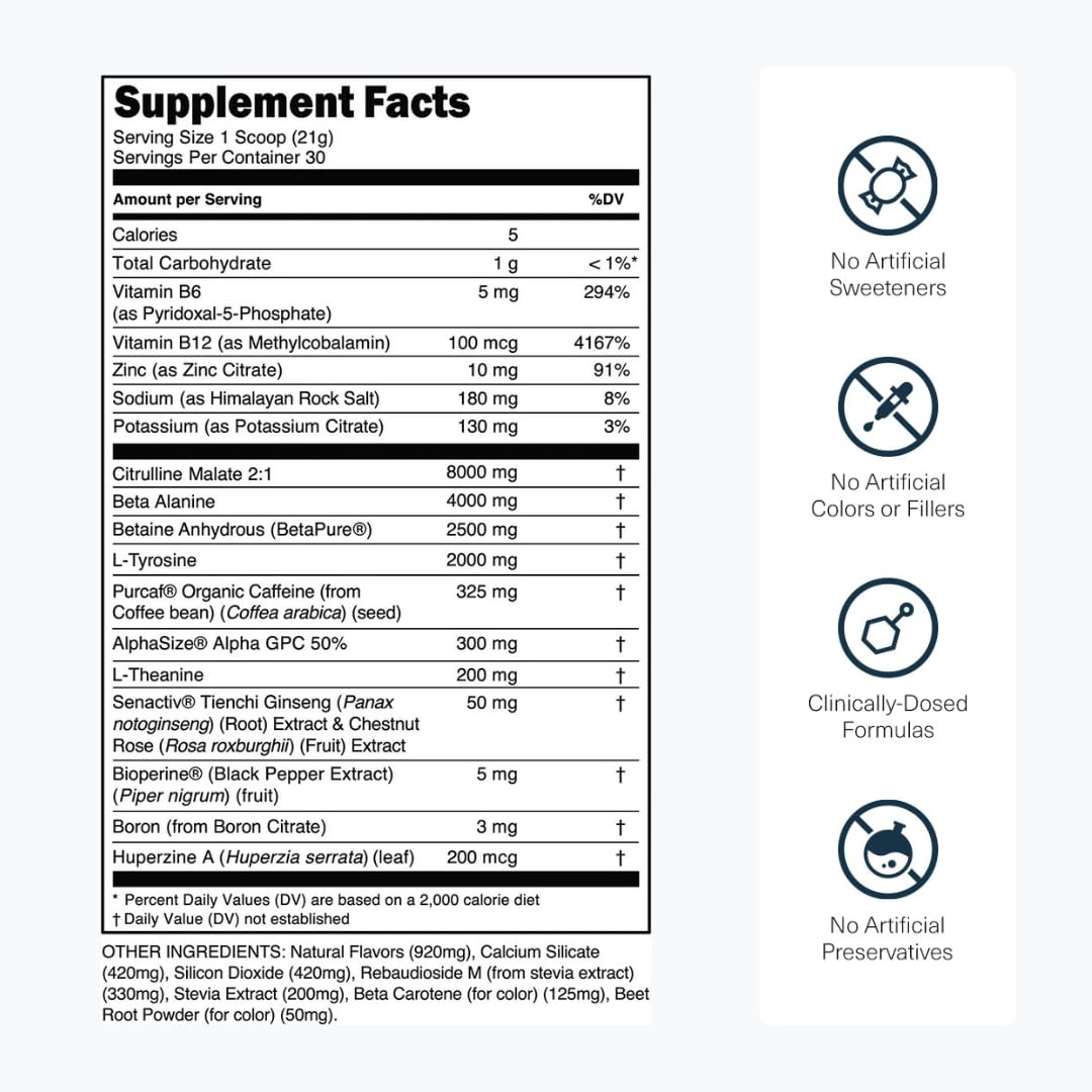 Sugar Free Pre Workout with Beta Alanine, Citrulline Malate & Caffeine, 30 Servings F5267