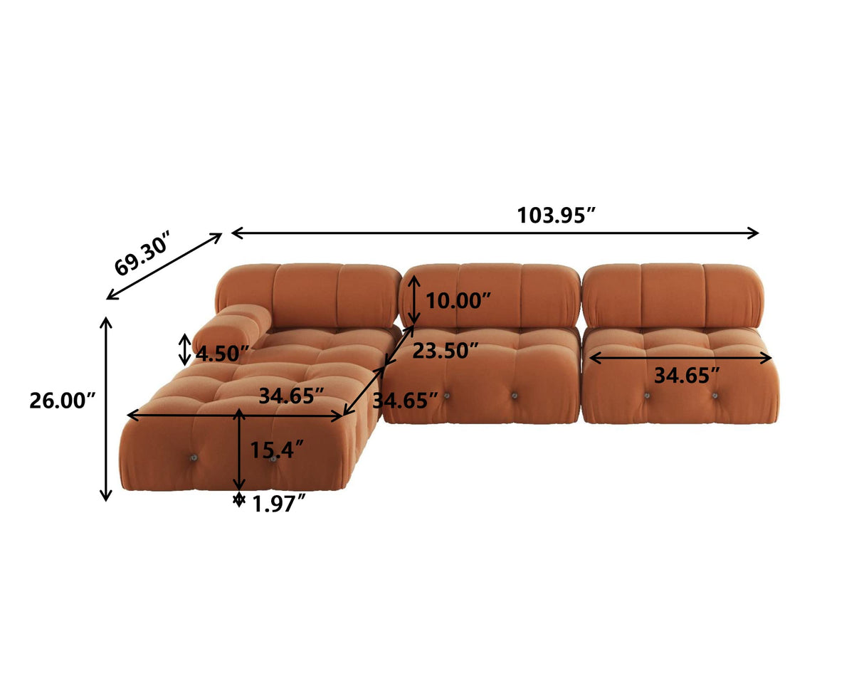 Orange Velvet L Shaped Sectional Sofa with Ottoman F975