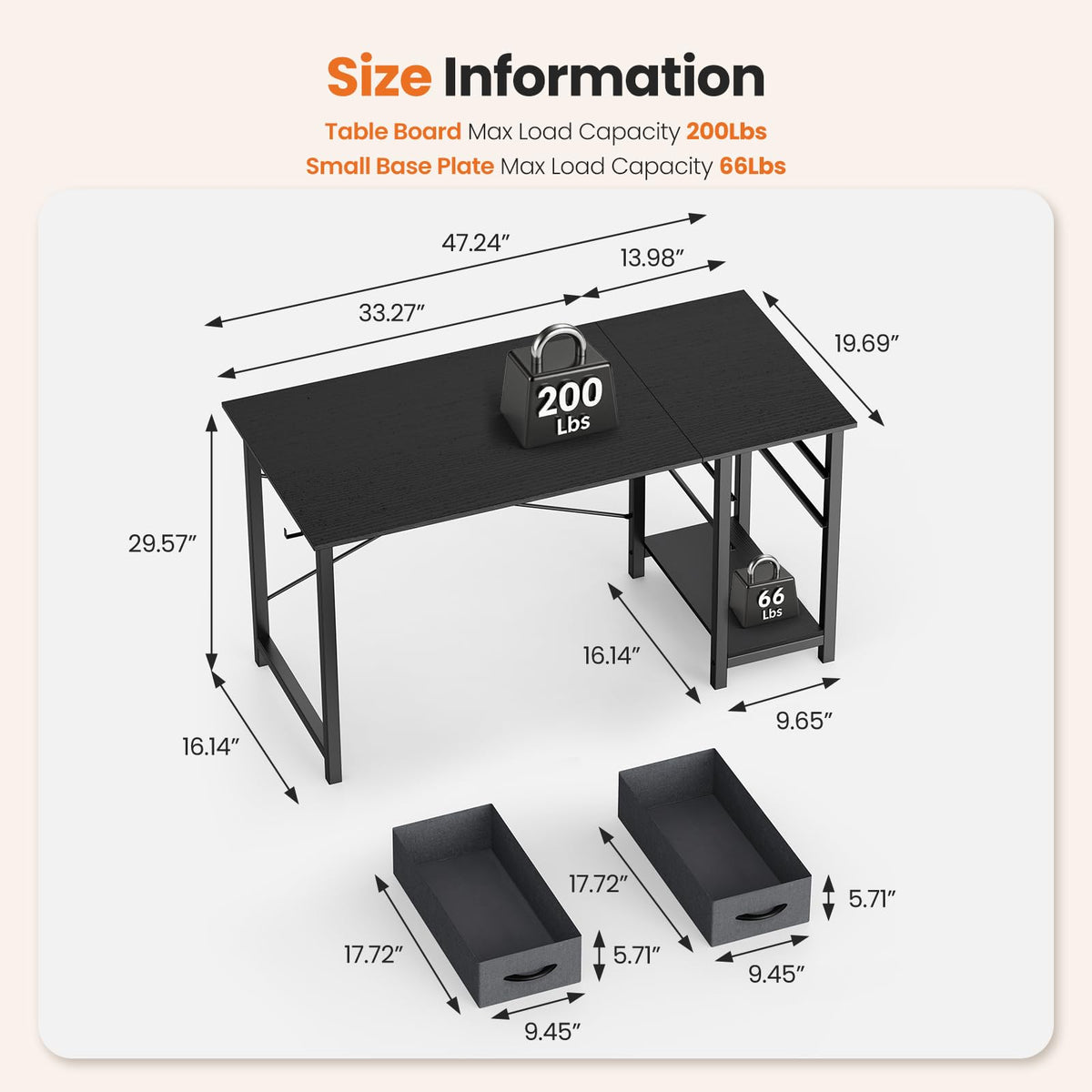 47 Inch Computer Desk with Drawers Black H18761