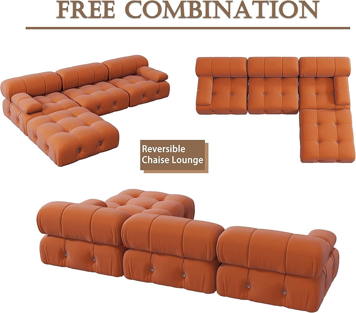 Orange Velvet L Shaped Sectional Sofa with Ottoman F975