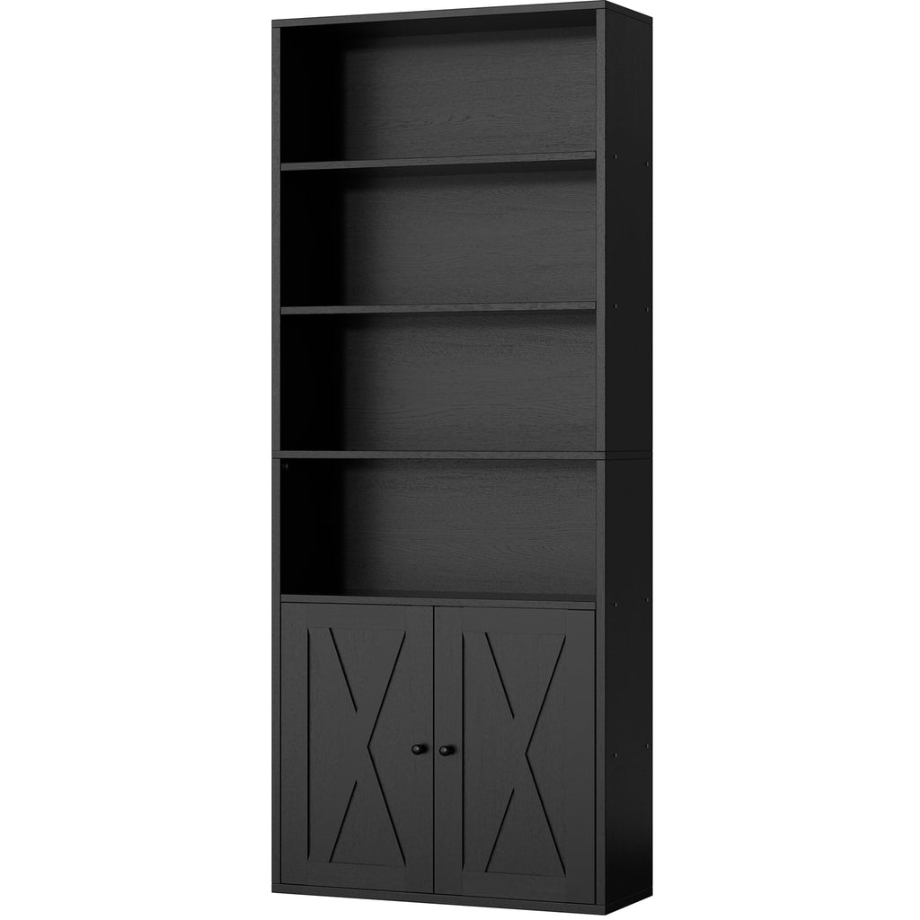 Black 6 Shelf Bookshelf with Doors H114