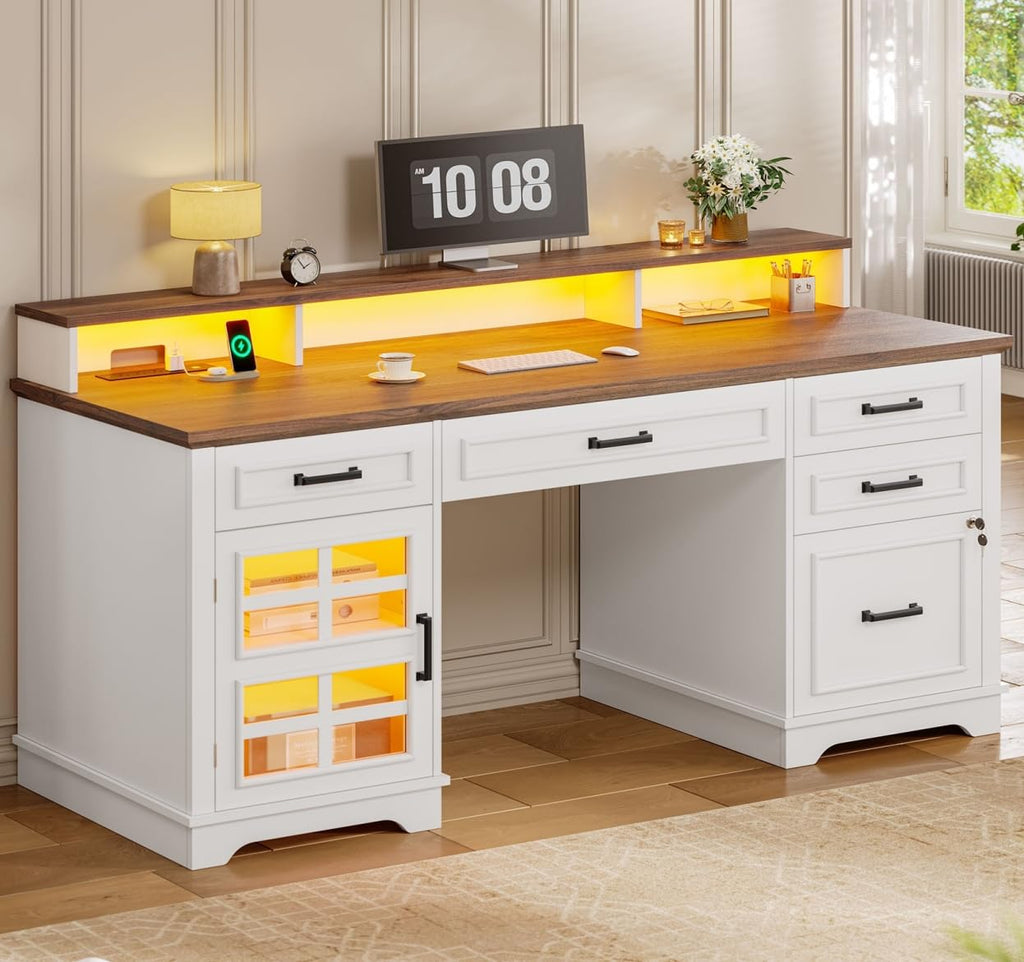 White Wood Executive Desk with Drawers and Storage Cabinet Q98628