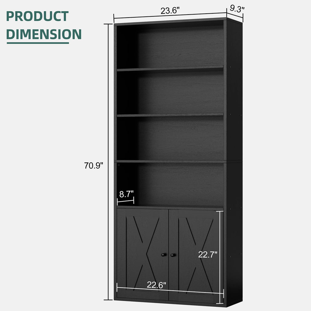 Black 6 Shelf Bookshelf with Doors H114