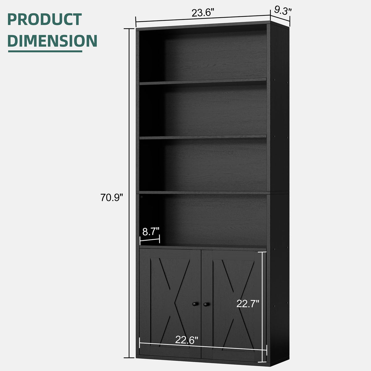 Black 6 Shelf Bookshelf with Doors H114