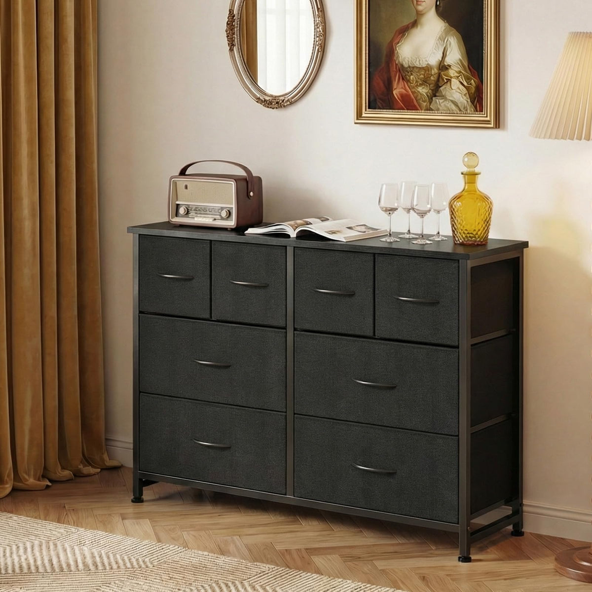 Black 8 Fabric Drawer Dresser with Wood Top W6357