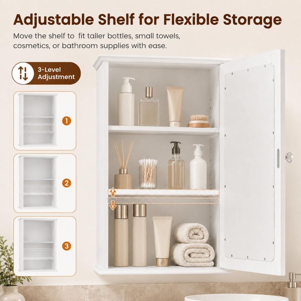White Mirrored Medicine Cabinet with Single Door and 2 Adjustable Shelves L647