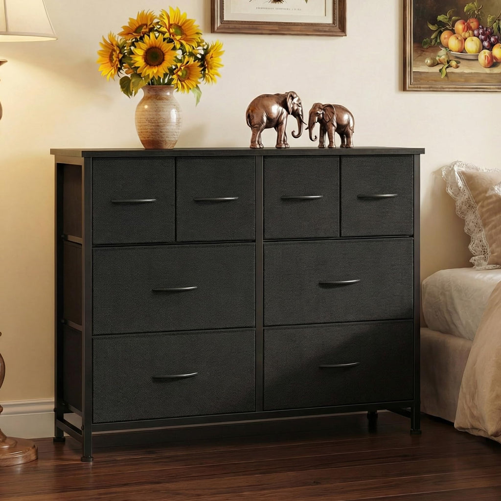 Black 8 Fabric Drawer Dresser with Wood Top W6357