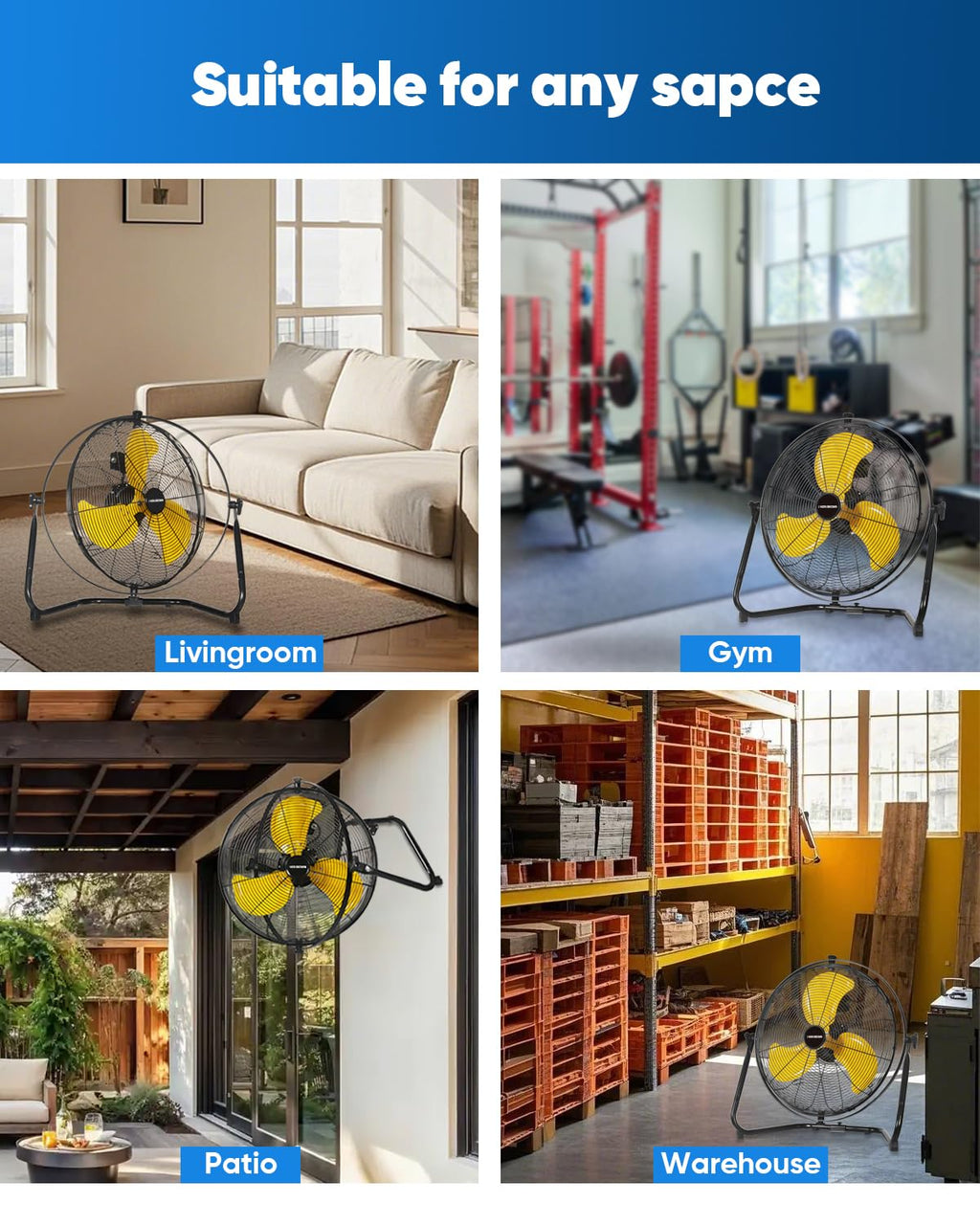 20 Inch Heavy Duty Industrial Metal Floor Fan with Dual 720° Rotation, 3 Speeds Y99275