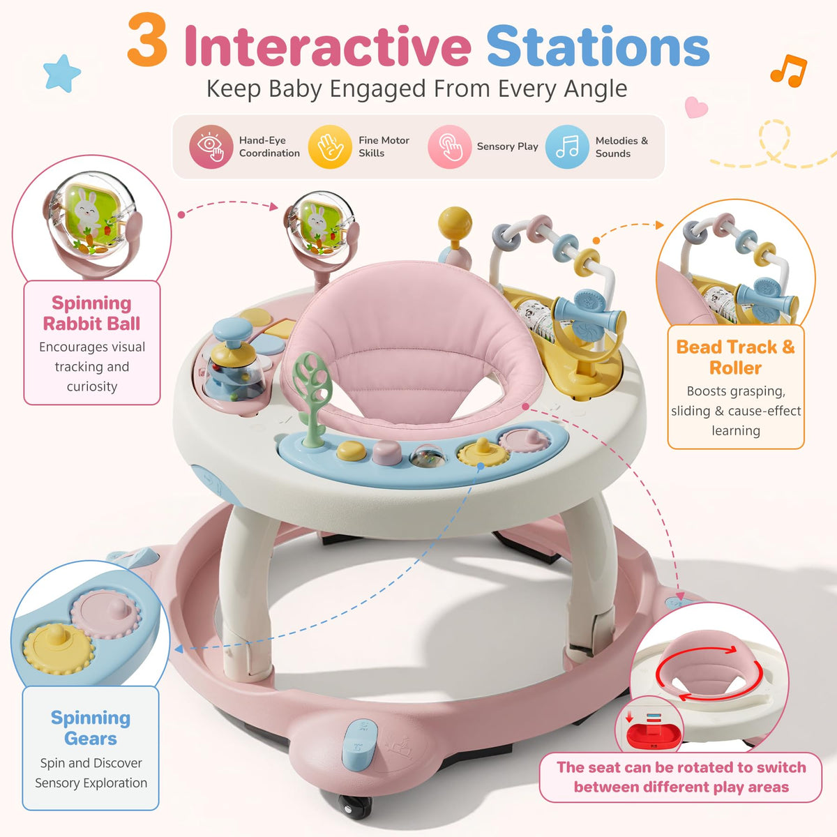 Foldable Baby Walker with Wheels and Rotating Seat P14568