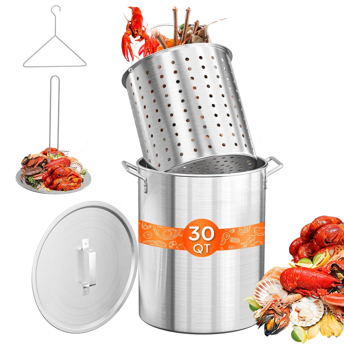 30QT Aluminum Turkey Fryer Pot & Seafood Boil Pot with Strainer Basket C824