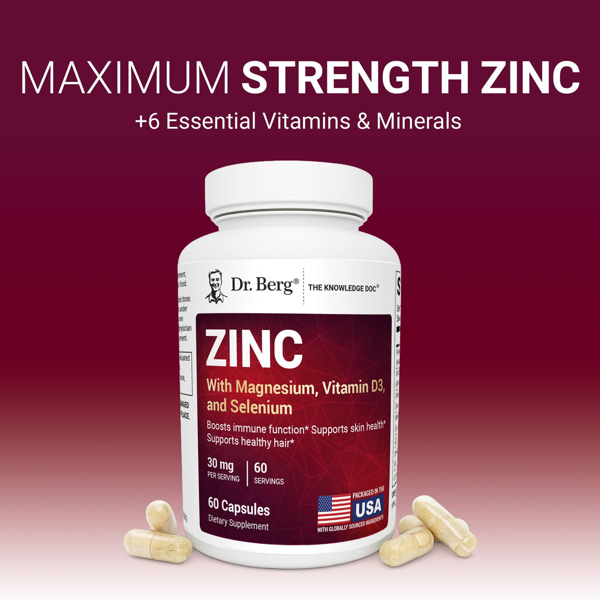 Zinc 30 mg 60 Capsules Chelated with Vitamin D & Selenium U3979
