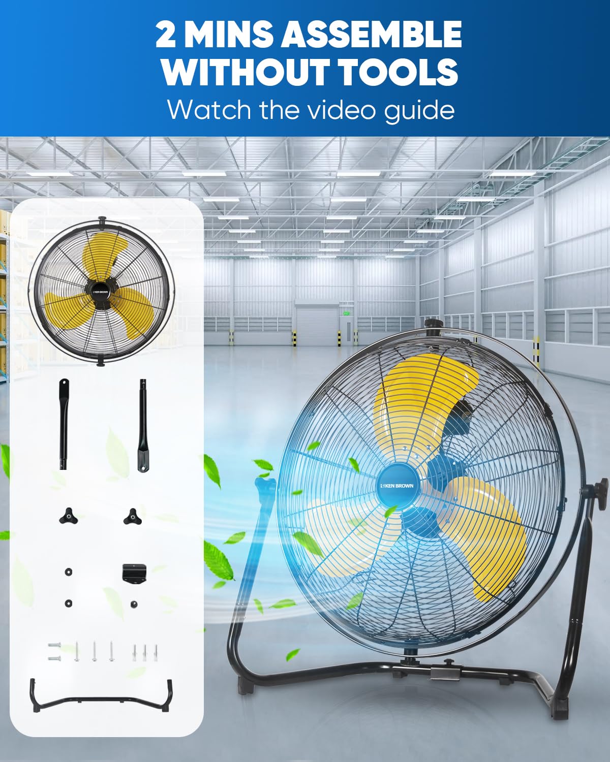 20 Inch Heavy Duty Industrial Metal Floor Fan with Dual 720° Rotation, 3 Speeds Y99275