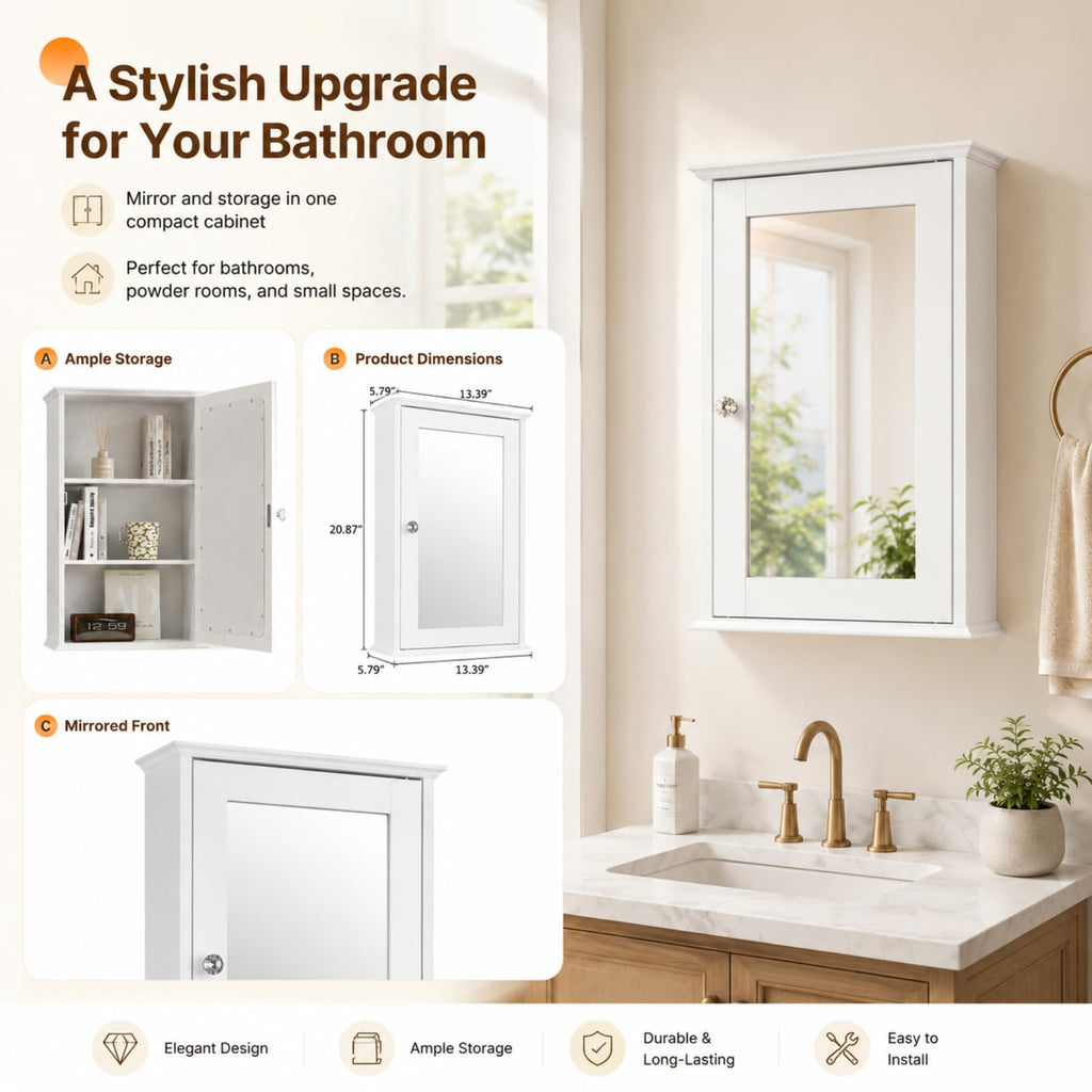 White Mirrored Medicine Cabinet with Single Door and 2 Adjustable Shelves L647