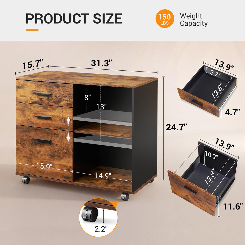 3 Drawer Wood File Cabinet with Storage Shelf C340