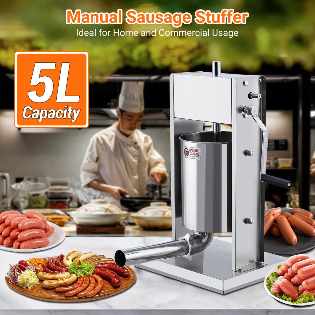 Manual 11LBS Stainless Steel Sausage Stuffer with 5 Stuffing Tubes E39286