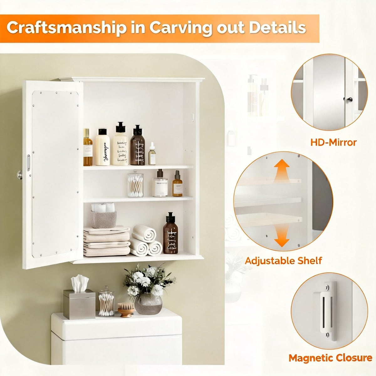 White Mirrored Medicine Cabinet with Single Door and 2 Adjustable Shelves L647