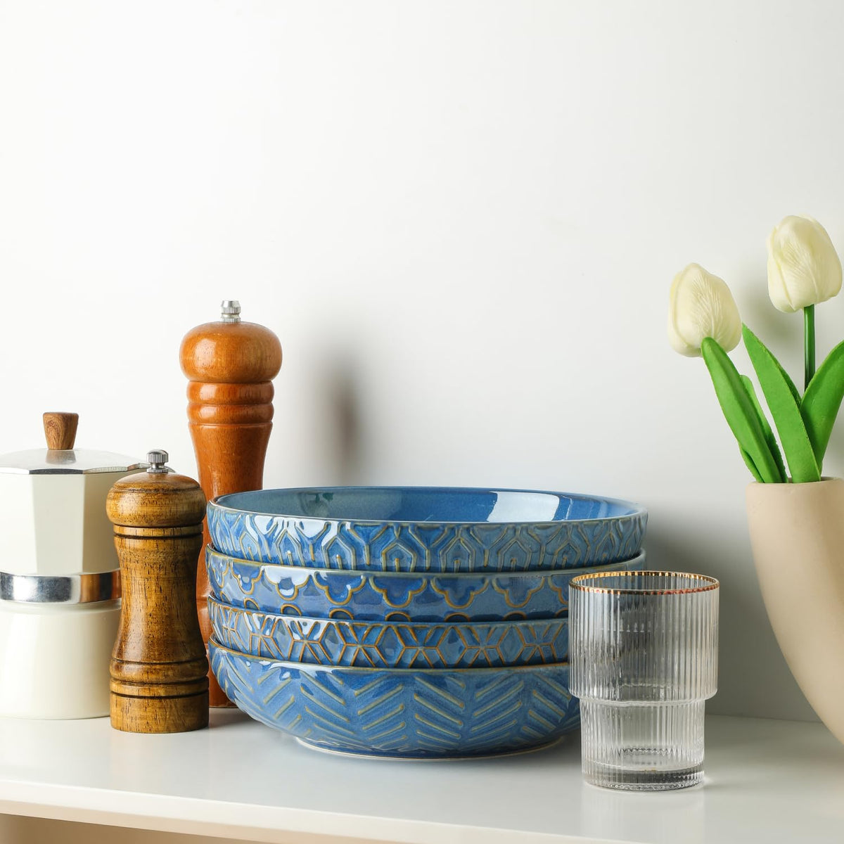 Blue 30oz Embossed Pasta Bowls Set of 4 F346761