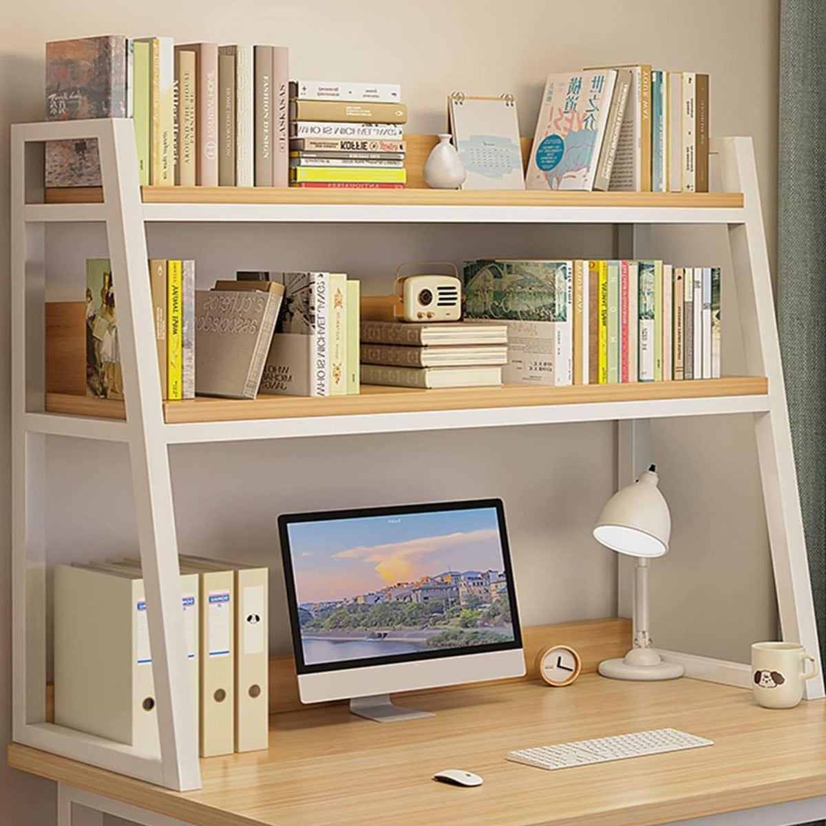 White 2-Tier Wood Desktop Bookshelf U666