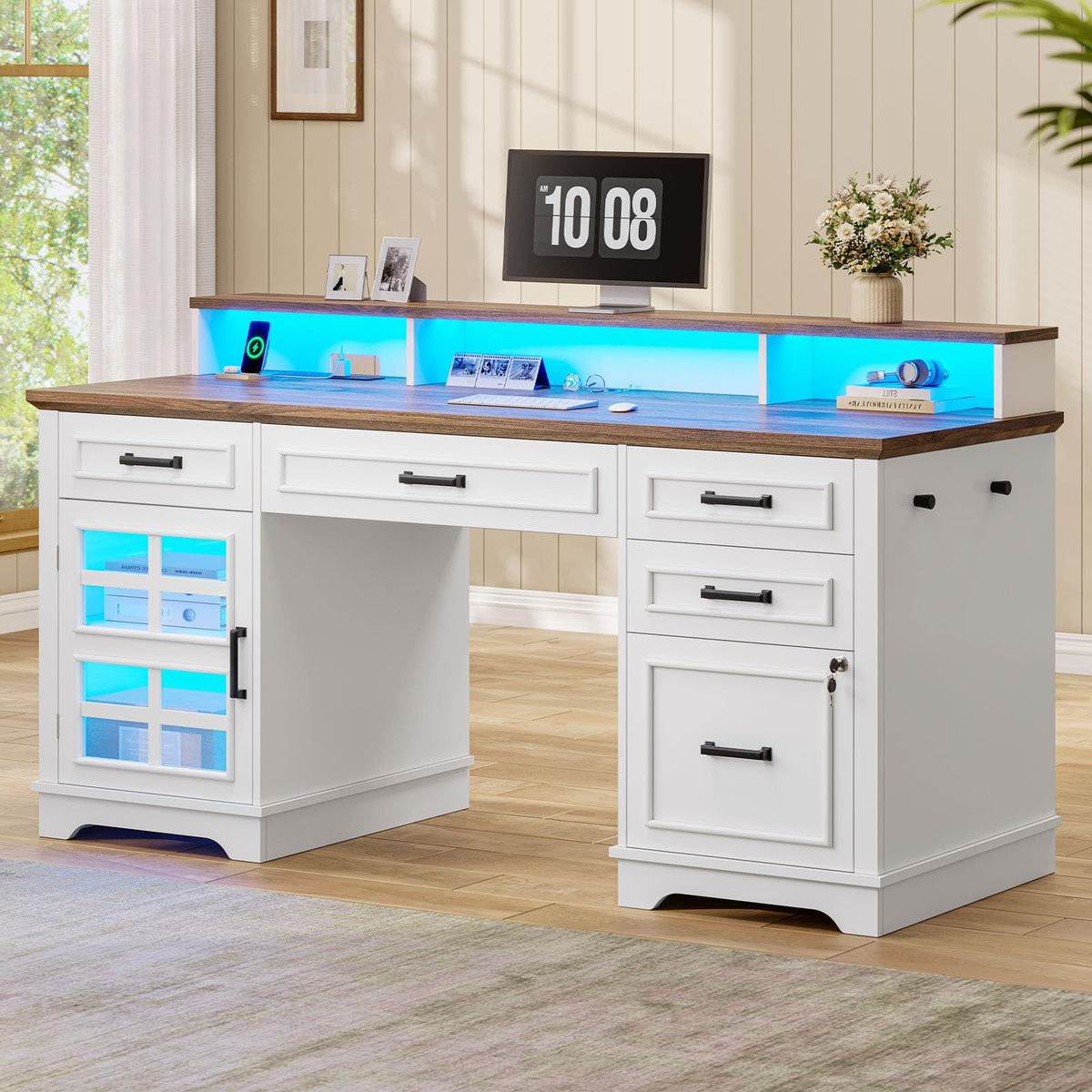 White Wood Executive Desk with Drawers and Storage Cabinet Q98628