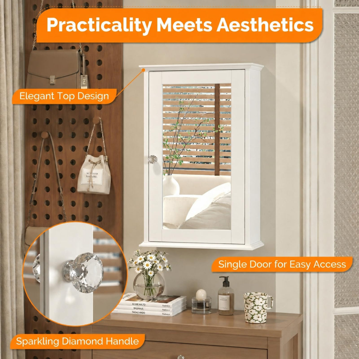 White Mirrored Medicine Cabinet with Single Door and 2 Adjustable Shelves L647