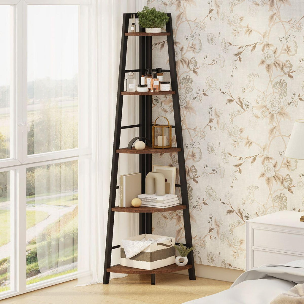 5-Tier Black Metal Wood Corner Bookshelf M677
