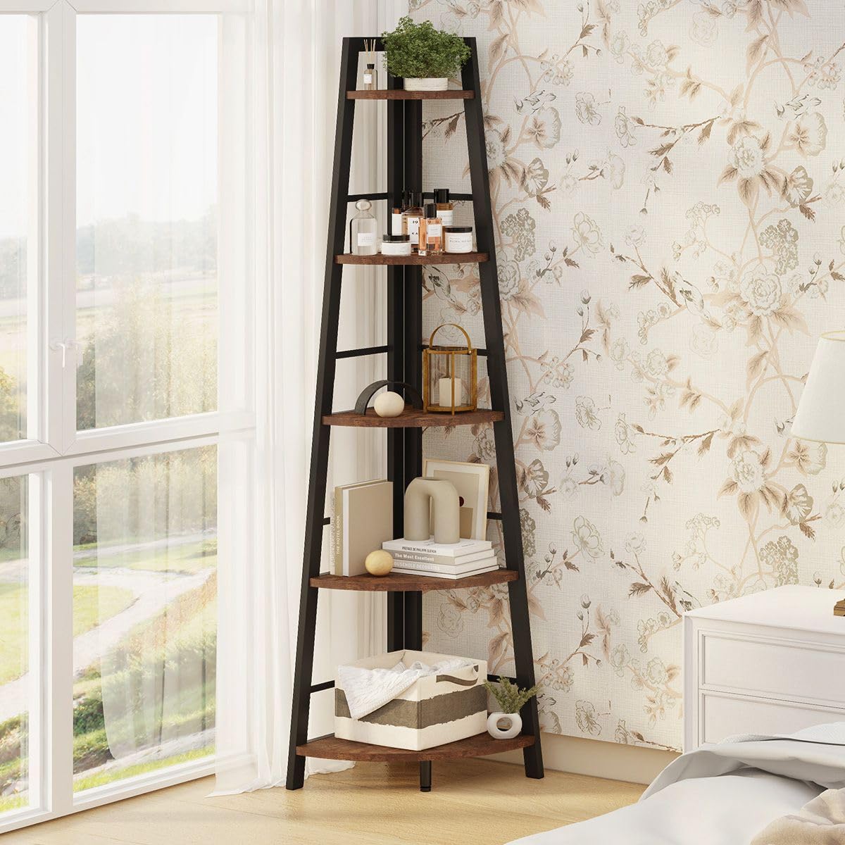5-Tier Black Metal Wood Corner Bookshelf M677