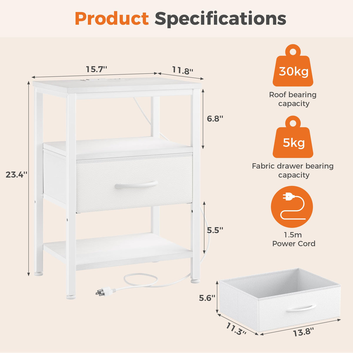 Nightstand with Charging Station, Fabric Drawers G242
