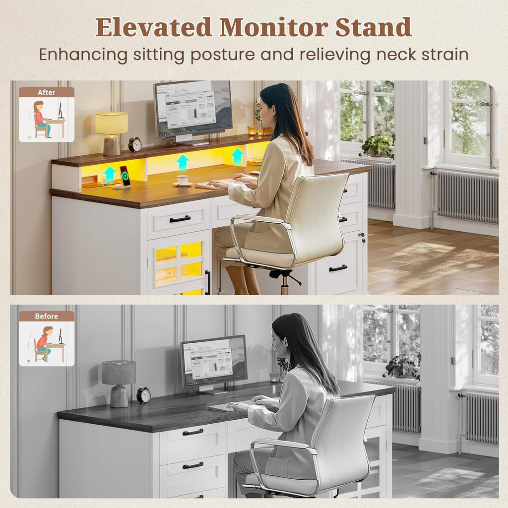 White Wood Executive Desk with Drawers and Storage Cabinet Q98628