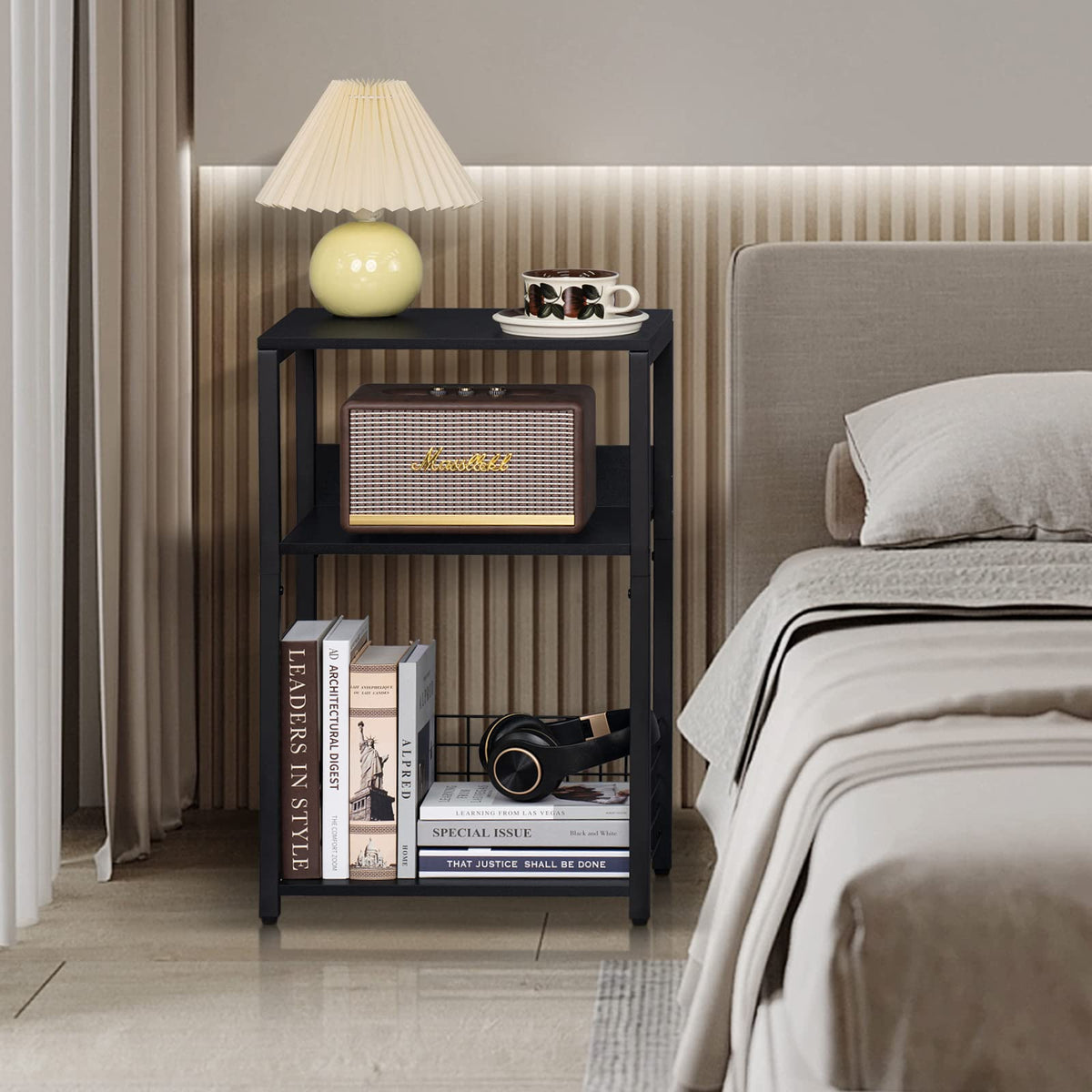 Black 3 Tier End Table with Storage Shelf V584