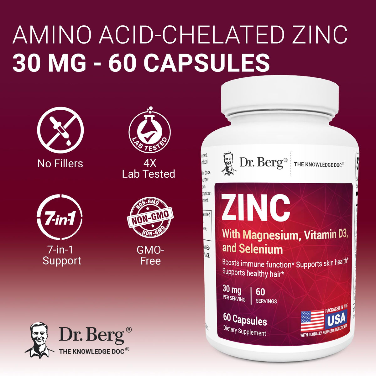 Zinc 30 mg 60 Capsules Chelated with Vitamin D & Selenium U3979