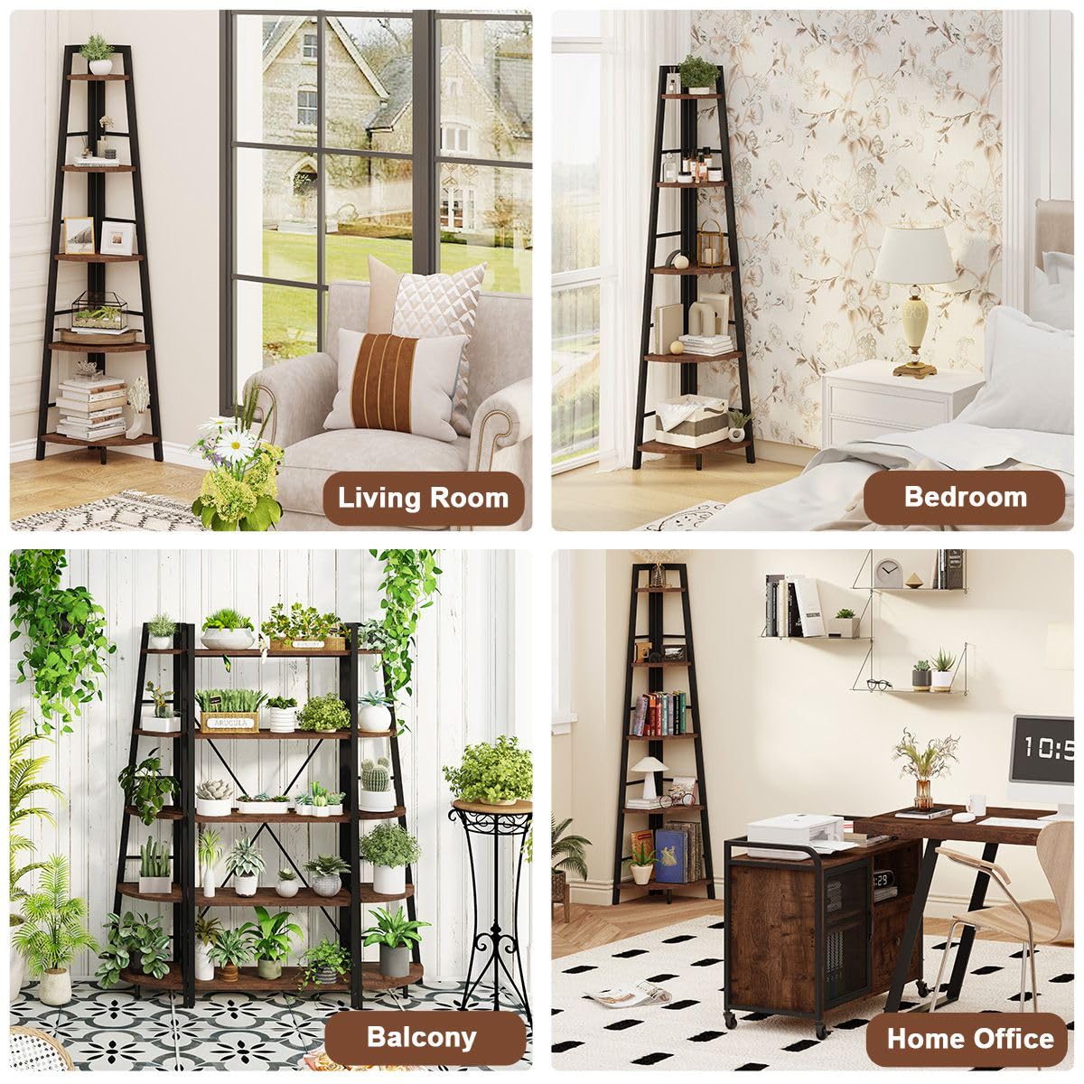 5-Tier Black Metal Wood Corner Bookshelf M677