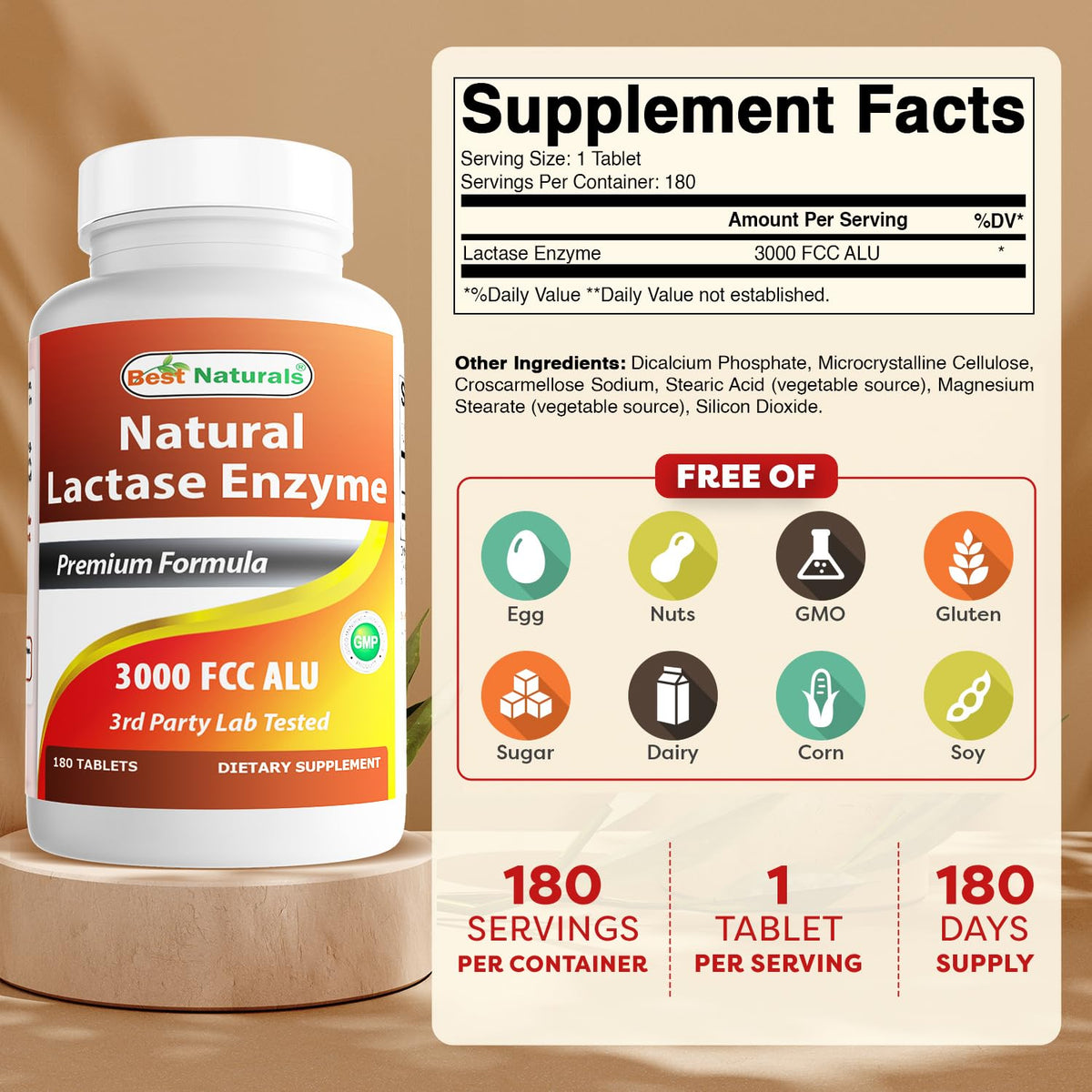 Fast Acting Lactase Enzyme Tablet 3000 Fcc 180 Count P223322