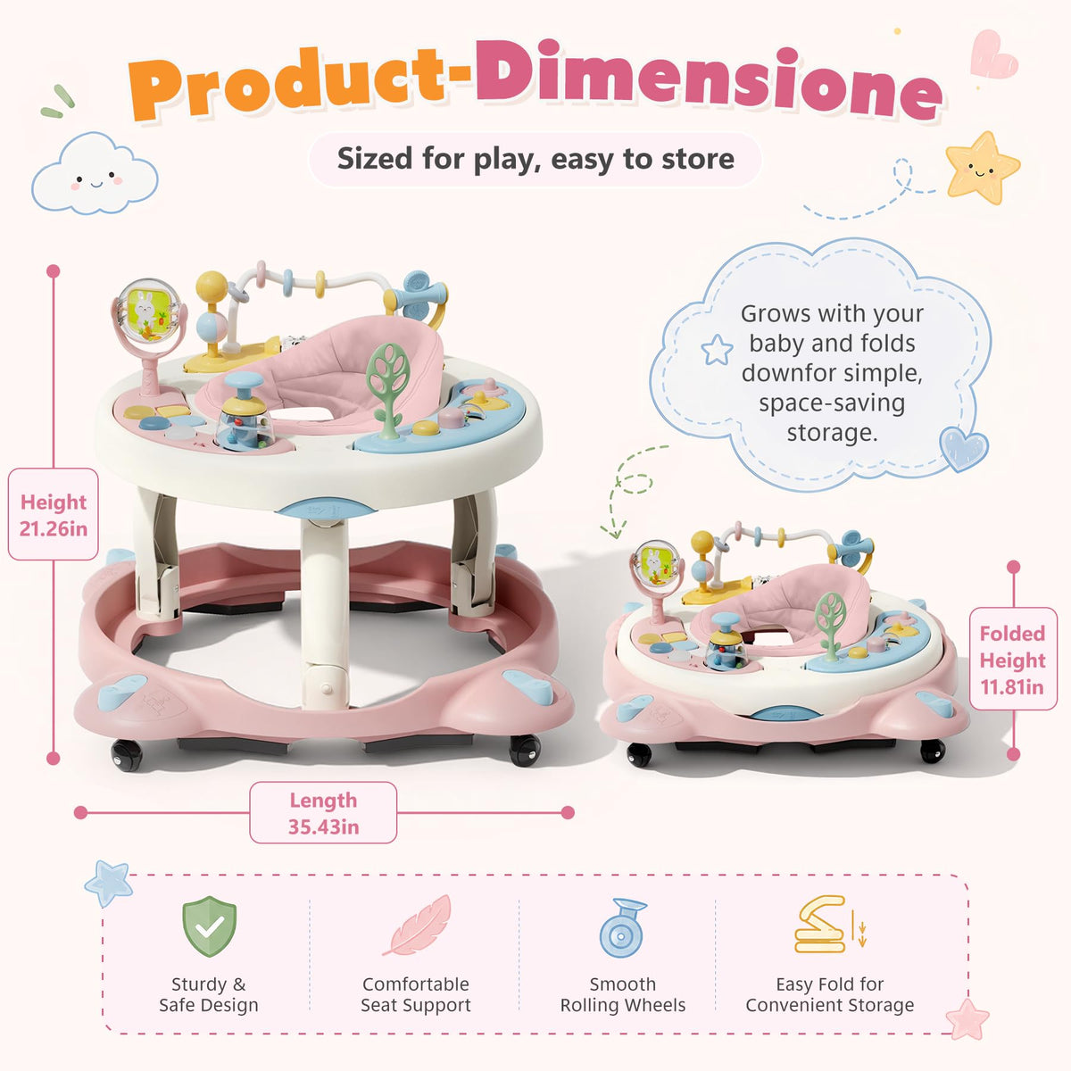 Foldable Baby Walker with Wheels and Rotating Seat P14568