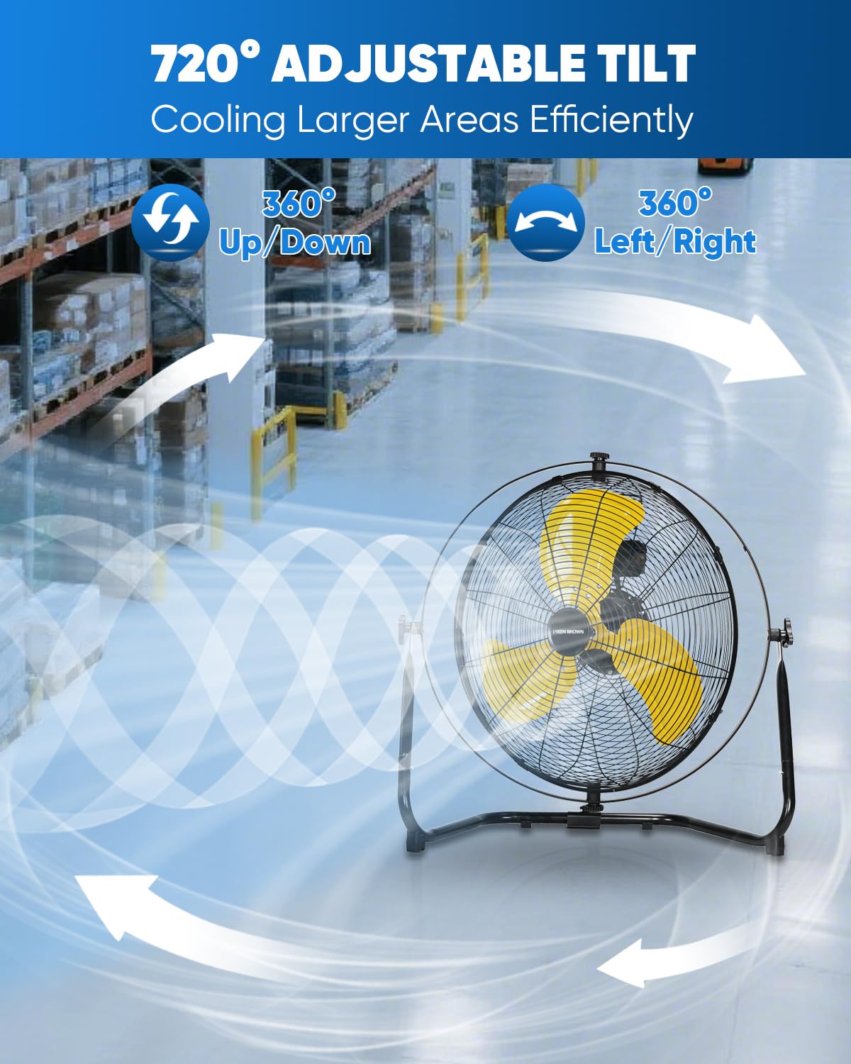 20 Inch Heavy Duty Industrial Metal Floor Fan with Dual 720° Rotation, 3 Speeds Y99275