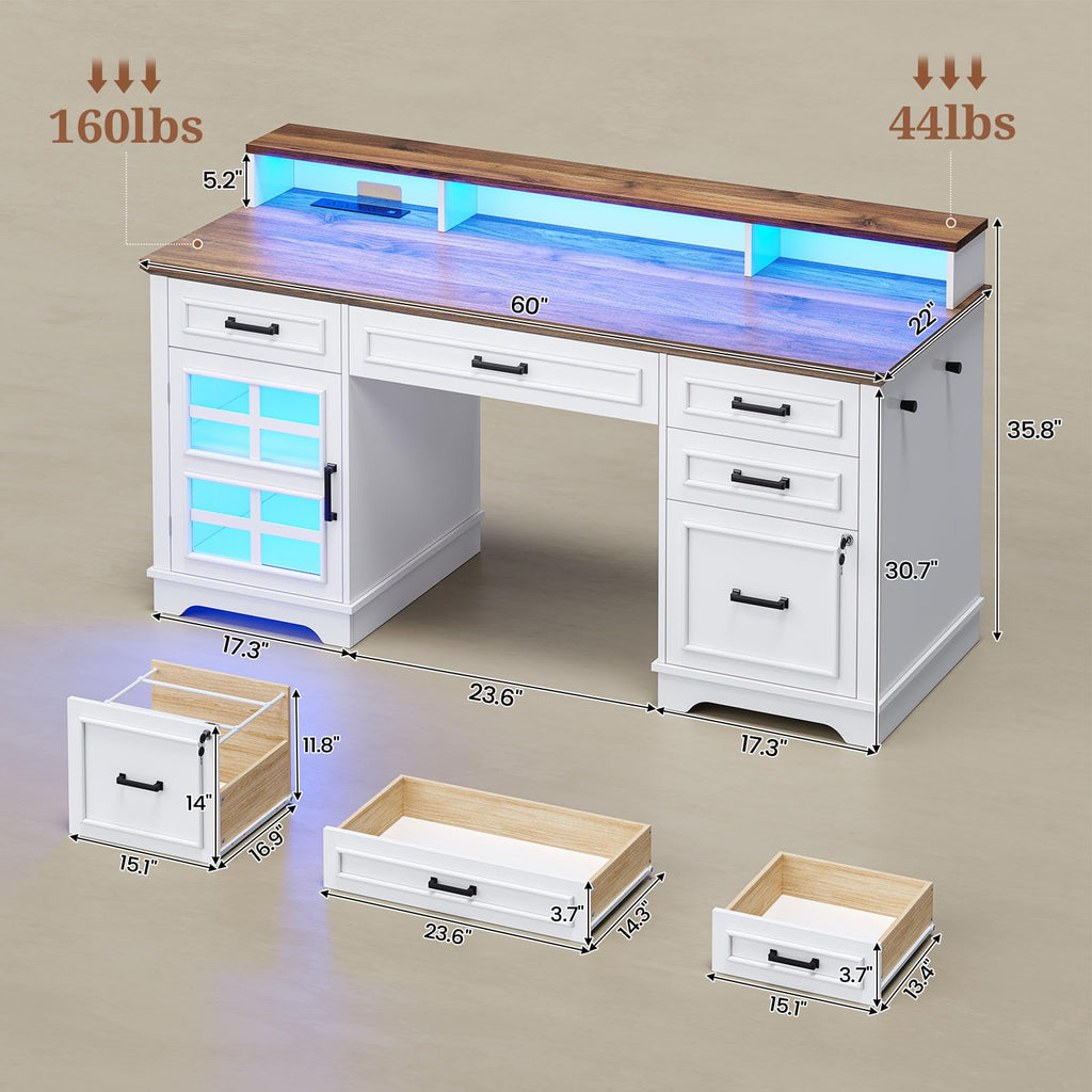 White Wood Executive Desk with Drawers and Storage Cabinet Q98628