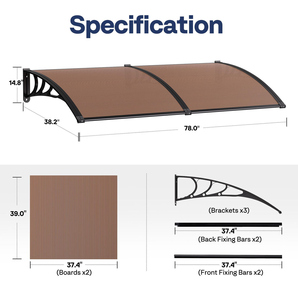 Brown Polycarbonate Window Door Awning 38 Inch x 78 Inch T94058