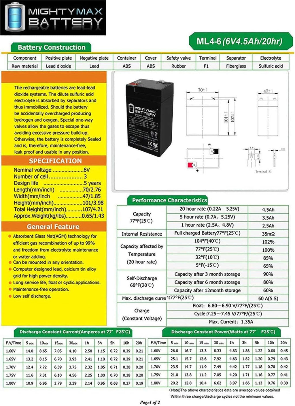 6V 4.5AH Battery 2 Pack H14005