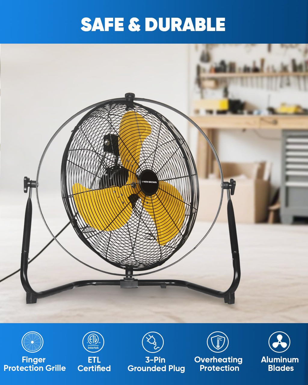20 Inch Heavy Duty Industrial Metal Floor Fan with Dual 720° Rotation, 3 Speeds Y99275